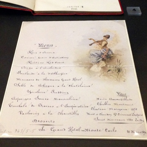 Cardápio de 1839 para um jantar do rei da Áustria em uma viagem, na Biblioteca Nacional da Áustria.